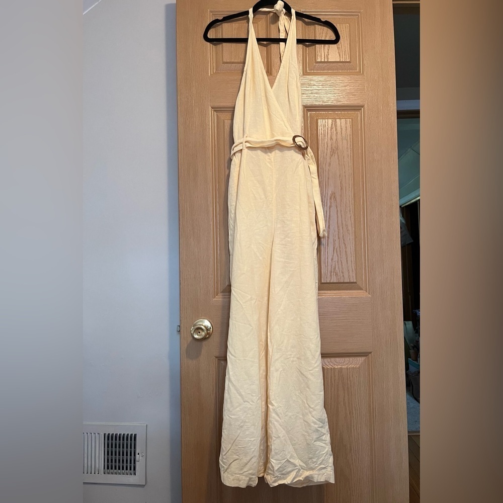 American Eagle Light Yellow Linen & Cotton Woven Belted Jumpsuit Boho Chic Small